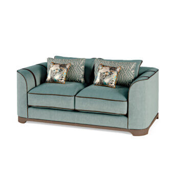 Distinguished BelMondo by Bellotti Ezio Palais Royal sofa crafted in light blue-green textile with dark brown piping and geometric cushions