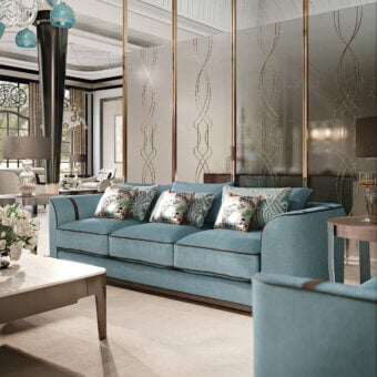 Superior BelMondo by Bellotti Ezio Palais Royal sofa with light blue textile and dark brown piping