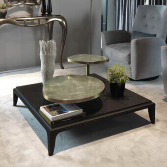 Distinguished BelMondo by Bellotti Ezio Pleiadi coffee table with a dark floral surface and light tray built with a gold rim