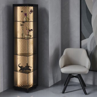 Distinguished Cattelan Italia Atelier showcase with quilted diamond pattern in golden tone and dark frame with clear glass shelves