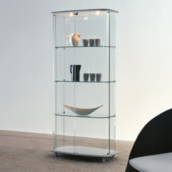 Superior Cattelan Italia Concerto showcase with transparent extra-clear glass and light grey leather framing