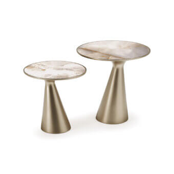 Distinctive Cattelan Italia Peyote Keramik side table with swirling light beige and white Marmi ceramic and brushed satin gold finish