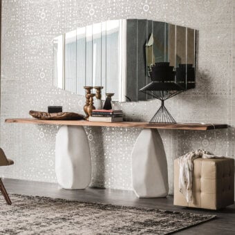 Distinguished Cattelan Italia Rapa Nui console with a live-edge wood top and matte white asymmetrical pedestals crafted in solid wood with a matte finish