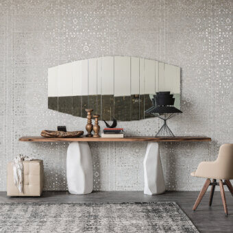 Distinguished Cattelan Italia Rapa Nui console with a natural-toned solid wood top and matte white monoliths exhibiting irregular shapes and finish