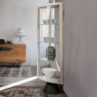 Superior Cattelan Italia Saba swiveling showcase with cream frame, dark base, and extra-clear crystal doors and shelves crafted in leather