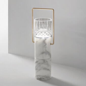 Superior Italamp Elsa table lamp with Calacatta gold marble and transparent glass crafted in a brushed light gold finish
