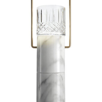 Exceptional Italamp Elsa table lamp with Calacatta gold marble base and hand-carved transparent glass diffuser in brushed light gold finish