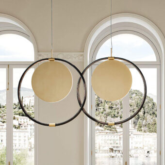 Exceptional Italamp Enso suspension lamp with artistic glass infused pigment and matte champagne finish metal disk