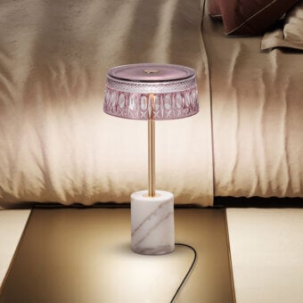 Architectural Italamp Ester table lamp with Calacatta gold marble base and aubergine carved crystal diffuser in brushed light gold finish