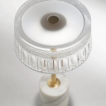 Architectural Italamp Ester table lamp with carved crystal diffuser and refined Calacatta gold marble base crafted in Italy with brushed light gold finish