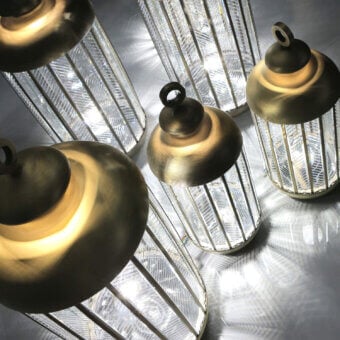 Exceptional Italamp Fata Morgana floor lamp with transparent hand-carved glass encased in metal with antique gold finish