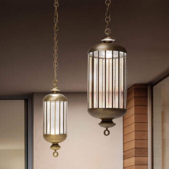 Superior Italamp Fata Morgana suspension lamp with cylindrical form and antique gold metal frame
