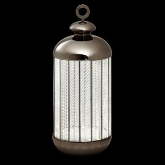 Superior Italamp Fata Morgana lamp with hand-carved transparent glass and iron grey metal supports, base, lid, and ring handle