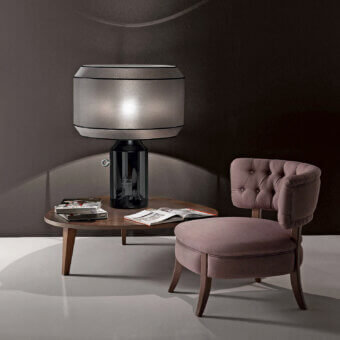 Superior Italamp Odette Odile table lamp with ceramic base and soft fabric lampshade in dark horizontal bands with glossy finish