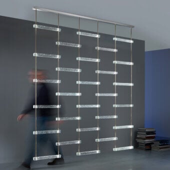 Architectural Italamp Piola ceiling lamp with clear cast glass bars and internal micro-bubbles in a light gold finished metal structure