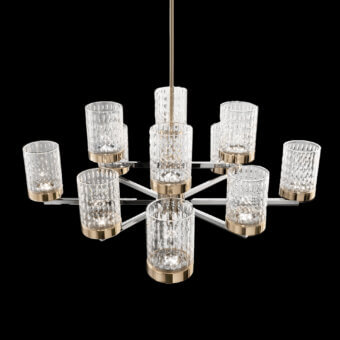 Elegant Italamp Quarzo chandelier with geometric light gold and chrome metal structure plus hand-cut transparent crystal diffusers