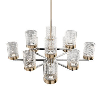 Distinguished Italamp Quarzo chandelier with light gold and chrome metal plus hand-cut transparent crystal diffusers
