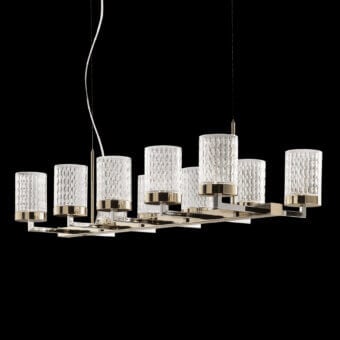 Superior Italamp Quarzo suspension lamp with light gold and chrome metal alongside hand-cut transparent crystal diffusers emitting warm light