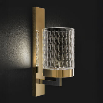Lavish Italamp Quarzo wall lamp with light gold and chrome metal supporting a hand-cut transparent crystal diffuser