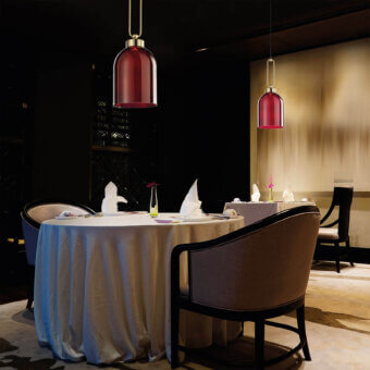 Exclusive Italamp Valentina suspension lamp with translucent red glass diffuser and glossy golden metal loop crafted in brushed gold finish