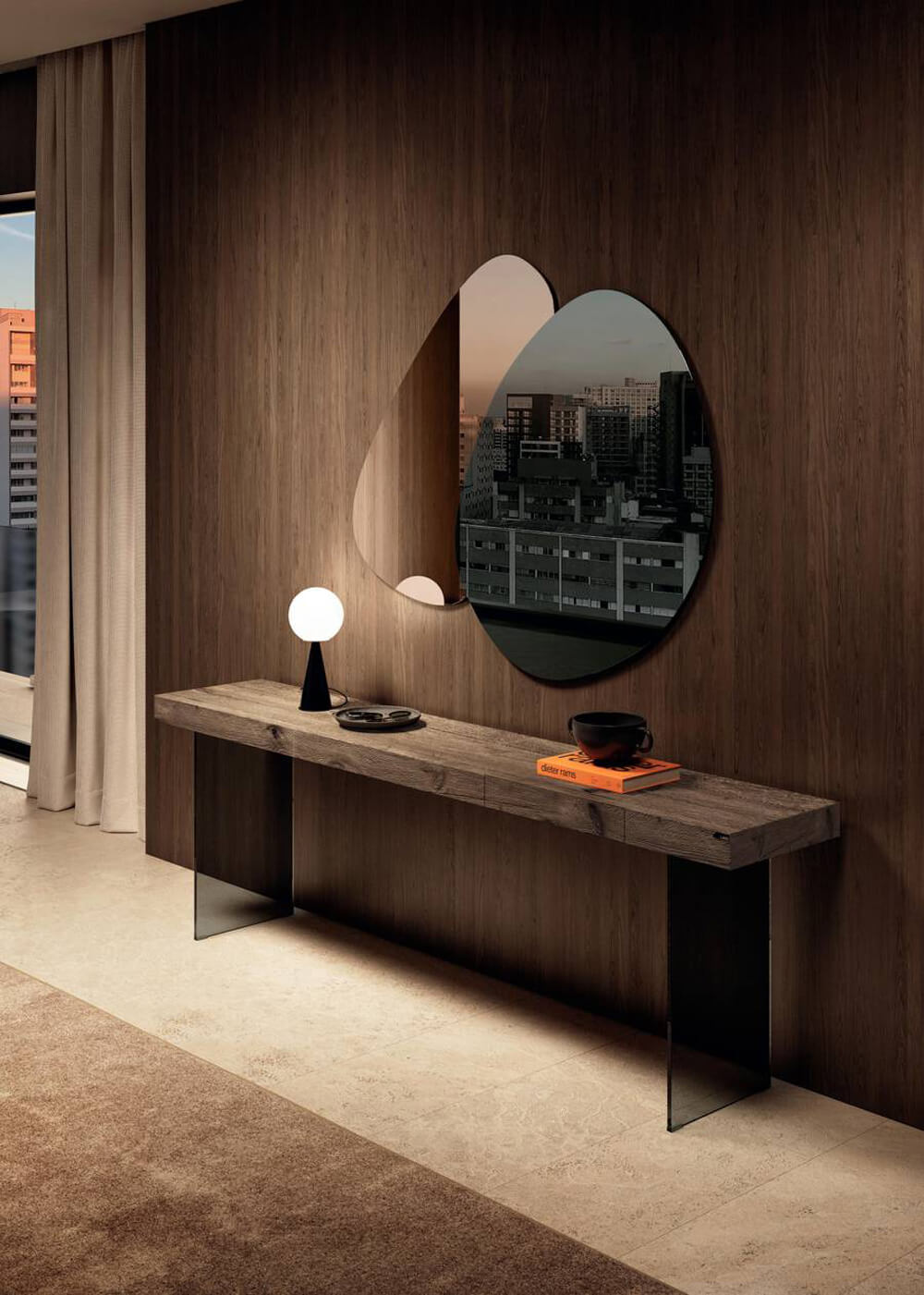 Lago air console table, wood and glass, rectangular tabletop with Flos Arco lamp and circular mirror above, interior scene.