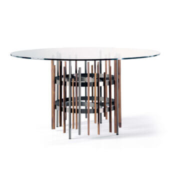 Distinguished Pacini & Cappellini Tube table with titanium-painted metal and solid ash strips supporting a round tempered glass top