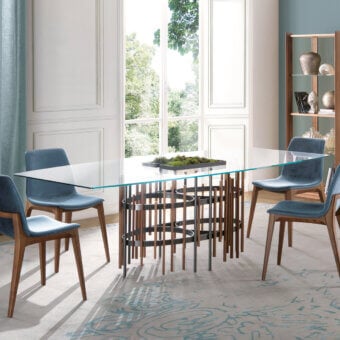 Sophisticated Pacini & Cappellini Tube table with a clear tempered glass top and titanium-painted metal with solid ash wood slats