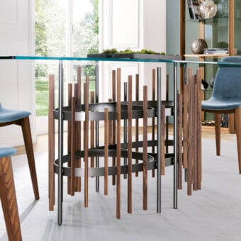 Superior Pacini & Cappellini Tube table with rectangular tempered glass and titanium-painted metal with solid ash base