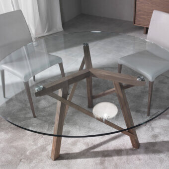 Superior Pacini & Cappellini Zeus table with clear tempered glass and woven solid ash planks built with warm brown tones