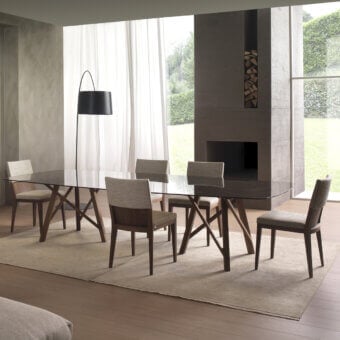 Exceptional Pacini & Cappellini Zeus table with rectangular tempered glass and uniquely interwoven solid ash base in matte finish