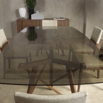 Elegant Pacini & Cappellini Zeus table with tempered glass top and woven solid ash planks in a smooth matte brown finish