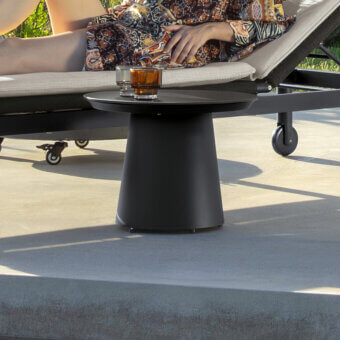 Elegant Talenti Dolcevita Alu coffee table with conical aluminum base and round stoneware top in dark finish