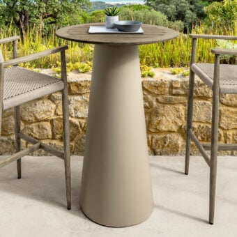 Exceptional Talenti Dolcevita Wood bar table with round teak tabletop and light beige aluminum pedestal base in matte finish