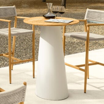 Superior Talenti Dolcevita Wood bar table with light brown teak top and sleek cylindrical white aluminum base
