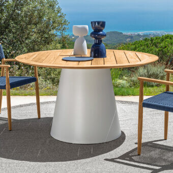 Distinguished Talenti Dolcevita Wood table with a teak top and conical matte white base showcasing meticulous finishes