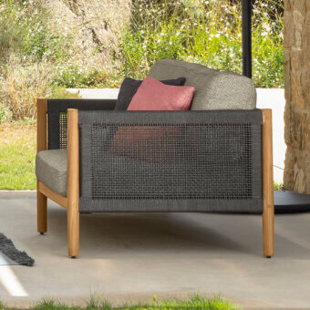 Distinguished Talenti Dolcevita Wood lounge chair with dark gray woven seat and light brown wooden frame