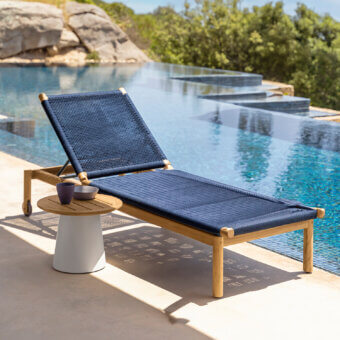Exceptional Talenti Dolcevita Wood lounger with navy blue woven ropes and a light-toned solid wood frame inspiring relaxation