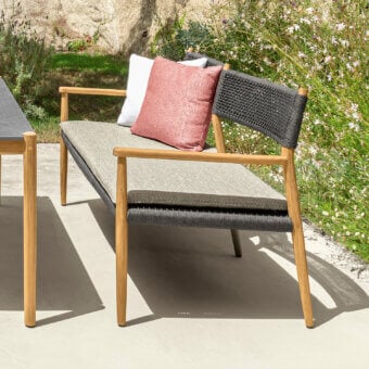 Graceful Talenti Dolcevita Wood loveseat with woven dark gray rope and light-colored seat cushions revealing skilled craftsmanship