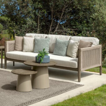 Distinguished Talenti Dolcevita Wood sofa with dense woven ropes and teak wood finishes exhibiting a light beige textile covering