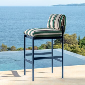 Exceptional Talenti Nalu bar stool with striped textile upholstery and semi-polished aluminum structure