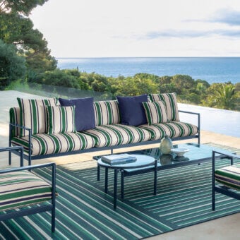Exceptional Talenti Nalu sofa with semi-polished aluminum structure and thick striped cushions in light beige, dark green, plus solid navy blue accents