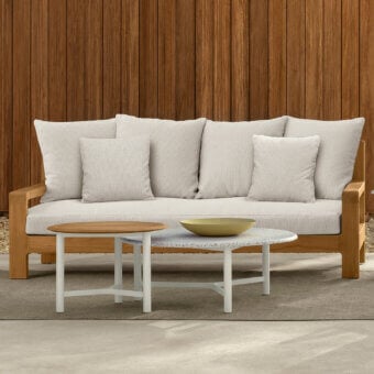Superior Talenti Oliver sofa with solid teak wooden structure and light beige cushions for a welcoming outdoor space