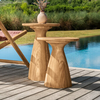 Distinguished Talenti Parker side and coffee table crafted in warm brown wood with a natural finish and flared base