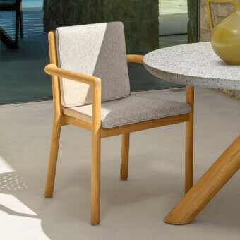 Distinguished Talenti Prichi armchair with solid teak frame and light gray textile upholstery offering woven rope detailing