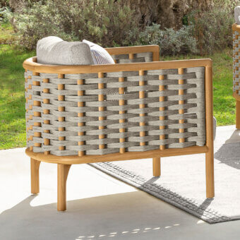 Exceptional Talenti Prichi lounge chair with gray woven ropes and light natural teak structure
