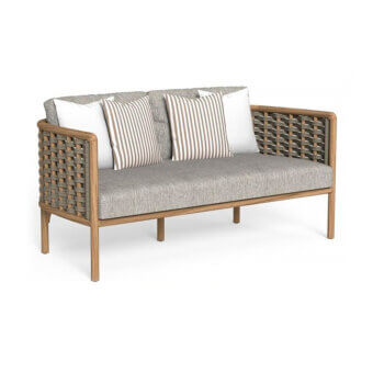 Distinguished Talenti Prichi sofa with teak wood frame and gray synthetic ropes woven with comfortable gray fabric seat cushions
