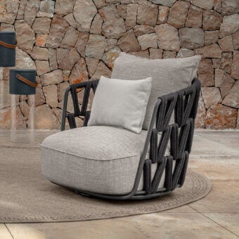 Exceptional Talenti Swipe swivel lounge chair with dark gray aluminum frame and light gray woven cushions