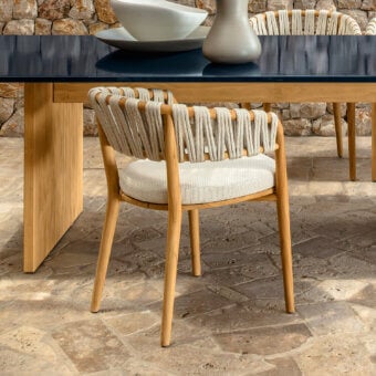 Distinguished Talenti Venice armchair with solid teak wood frame and light beige woven rope backrest crafted in Italy