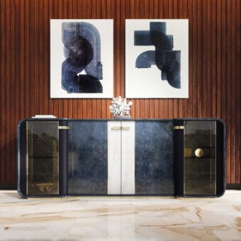 Elegant Turri Madison sideboard with glossy lacquered wood, a central white panel and gold accents illuminated within by LED lighting