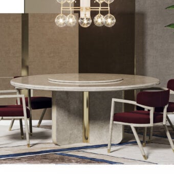 Distinguished Turri Madison table with a matte composite top and glossy lacquered wood base crafted with refined leather inserts and gilded metal detail